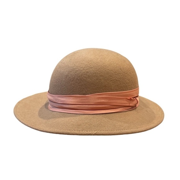 Vintage Asymmetrical Round Crown Wool Hat with Ribbon Tan - Picture 2 of 6